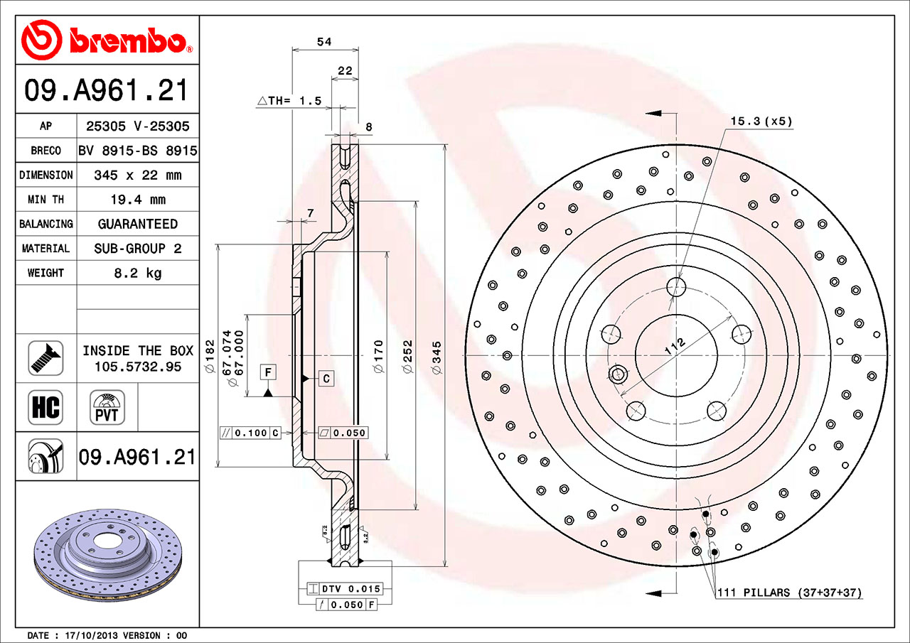 Mercedes Brembo Disc Brake Rotor - Rear (345mm) (Cross-Drilled) 1664230312